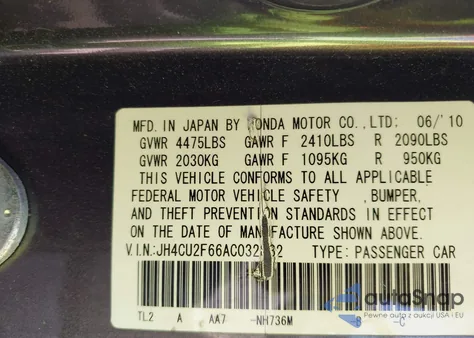 2010 Acura Tsx 2.4 z USA, uszkodzony, nr VIN JH4CU2F66AC032832